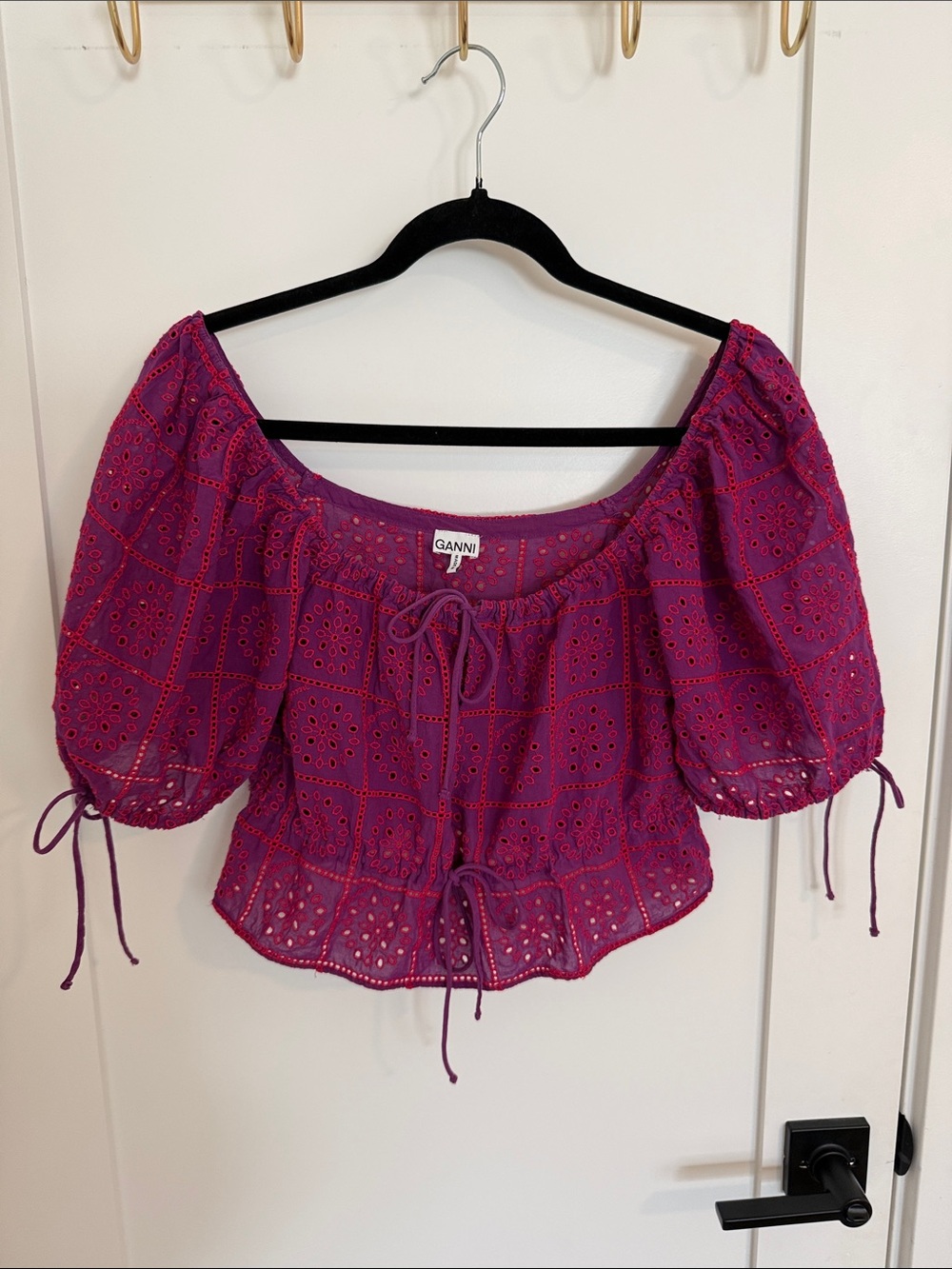 Ganni Fuchsia Eyelet Peasant Blouse